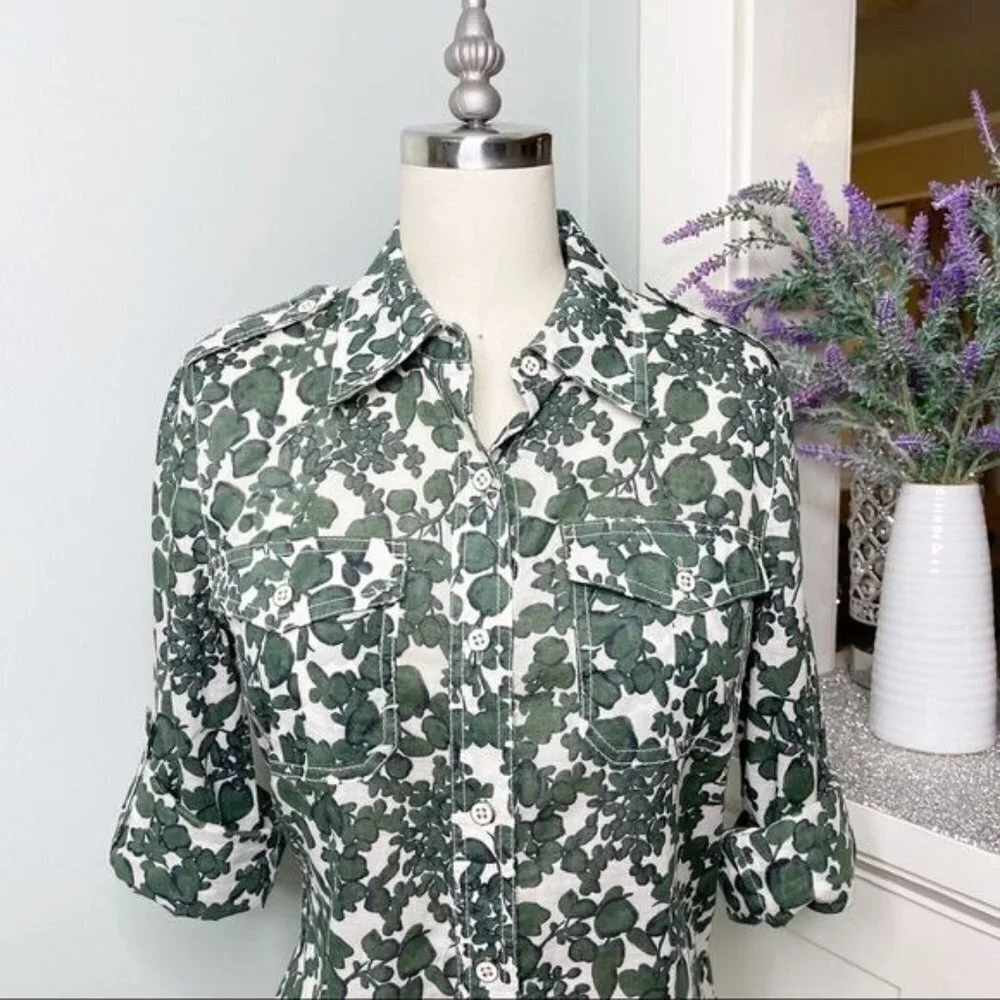 Tory Burch Issy Vine Leaf Print Button Down Shirt Utility Roll Tab 2 XS